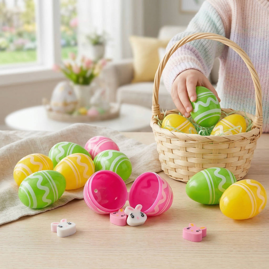 Mini Plastic Easter Eggs with Rubber Erasers 48 Pc Set, colourful Easter Egg Hunt Fillers for Kids Party Favors