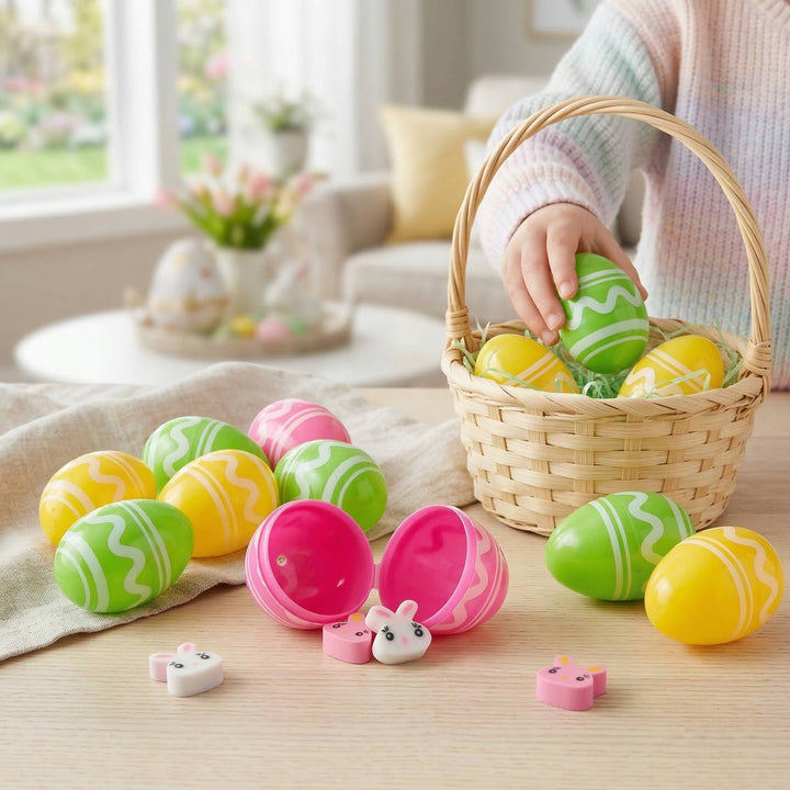 Mini Plastic Easter Eggs with Rubber Erasers 48 Pc Set, colourful Easter Egg Hunt Fillers for Kids Party Favors