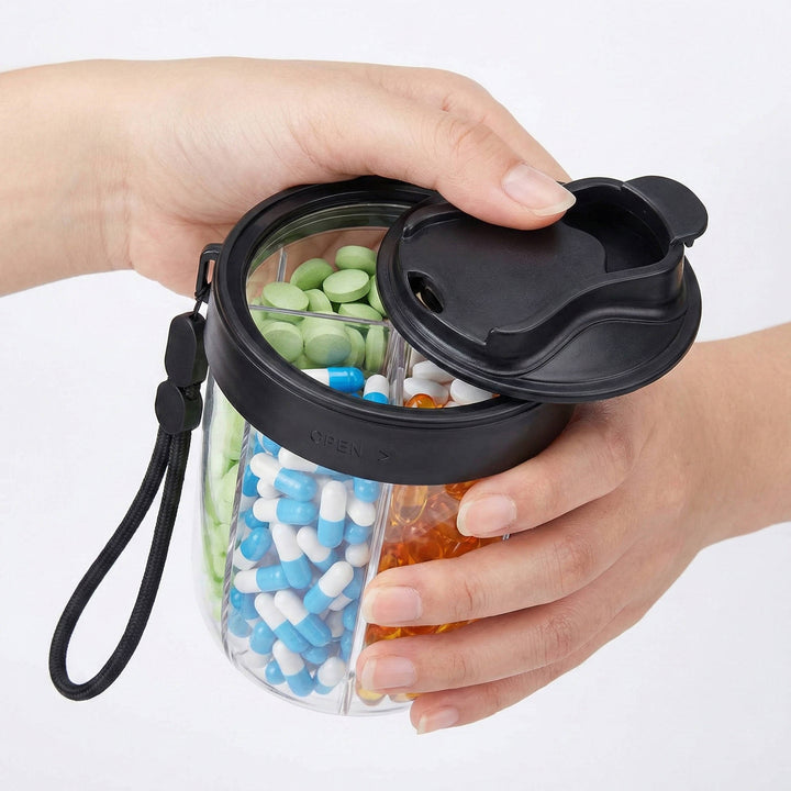 Large Pill Organizer with 4 Compartments, Portable Travel Pill Vitamin Dispenser Case, Anti Mix Wide Opening Design with Carrying Strap