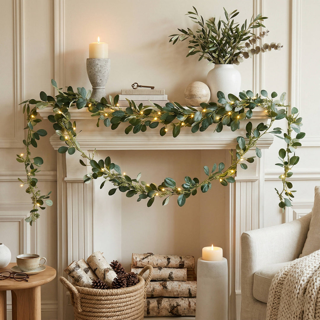 Enchanted Olive Glow Garland, Eucalyptus Fairy Light Mantel Decoration for Fireplace and Holiday Decor