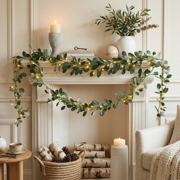 Enchanted Olive Glow Garland, Eucalyptus Fairy Light Mantel Decoration for Fireplace and Holiday Decor
