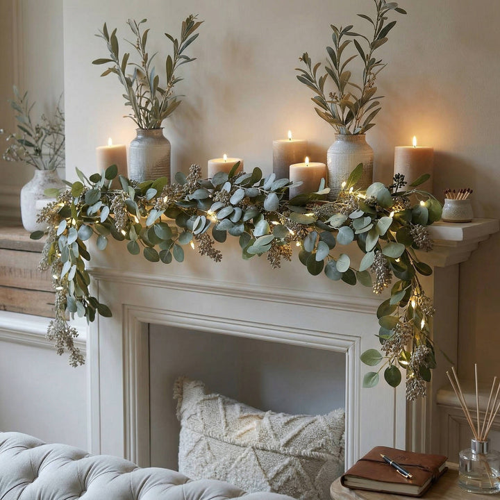Enchanted Olive Glow Garland, Eucalyptus Fairy Light Mantel Decoration for Fireplace and Holiday Decor