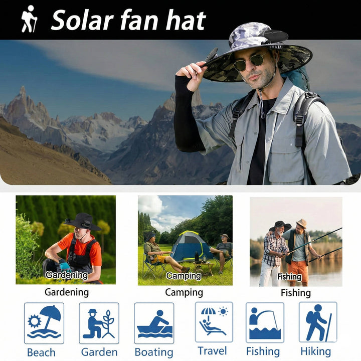 Outdoor Wide Brim Sun Hat with 2 Solar Fans, UV Protection for Men and Women, Cooling Hat for Camping and Hiking