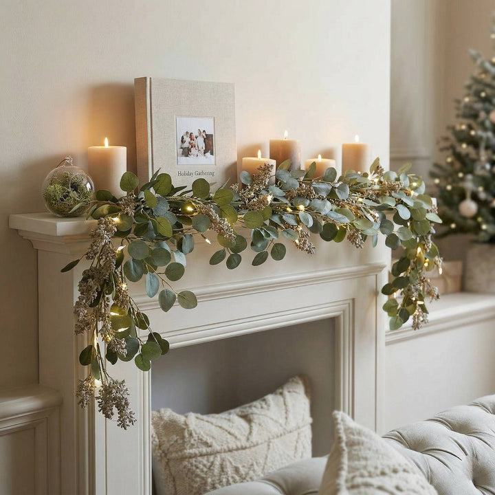 Enchanted Olive Glow Garland, Eucalyptus Fairy Light Mantel Decoration for Fireplace and Holiday Decor