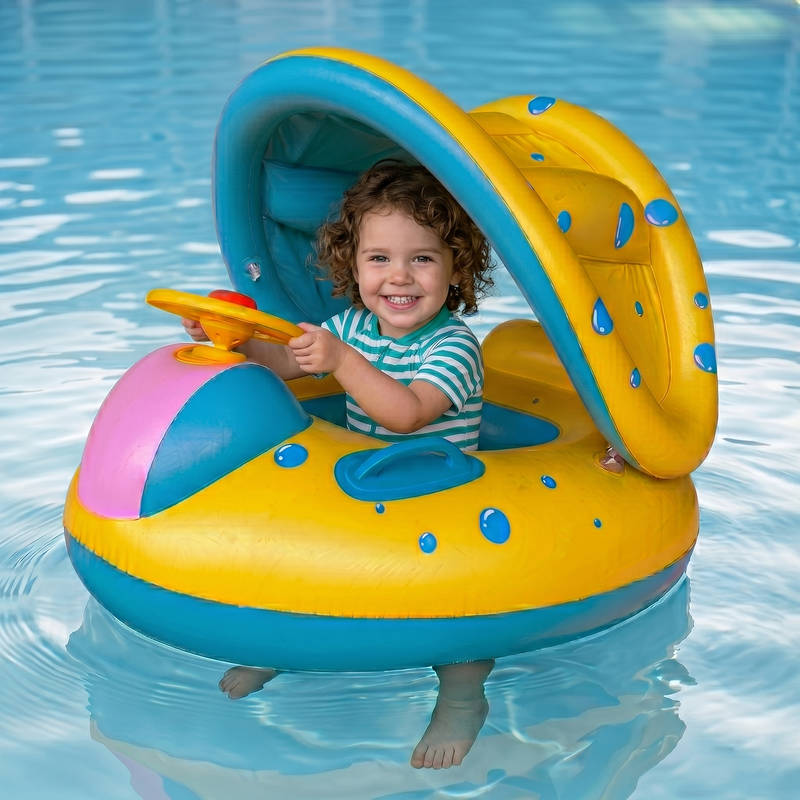Kids Swim Trainer Pool Float with Sun Shade, Inflatable Swim Ring PVC Baby Toddler Float