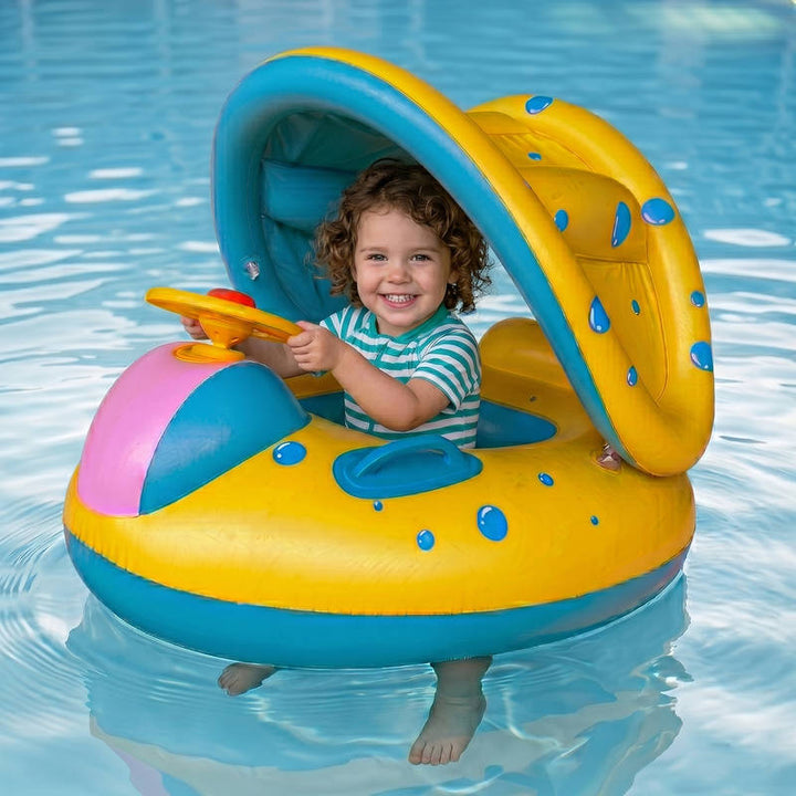 Kids Swim Trainer Pool Float with Sun Shade, Inflatable Swim Ring PVC Baby Toddler Float