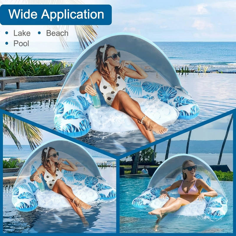 Adult Pool Float Chair with Canopy, Inflatable Lounge Float with Cup Holder Headrest Adjustable Sun Shade