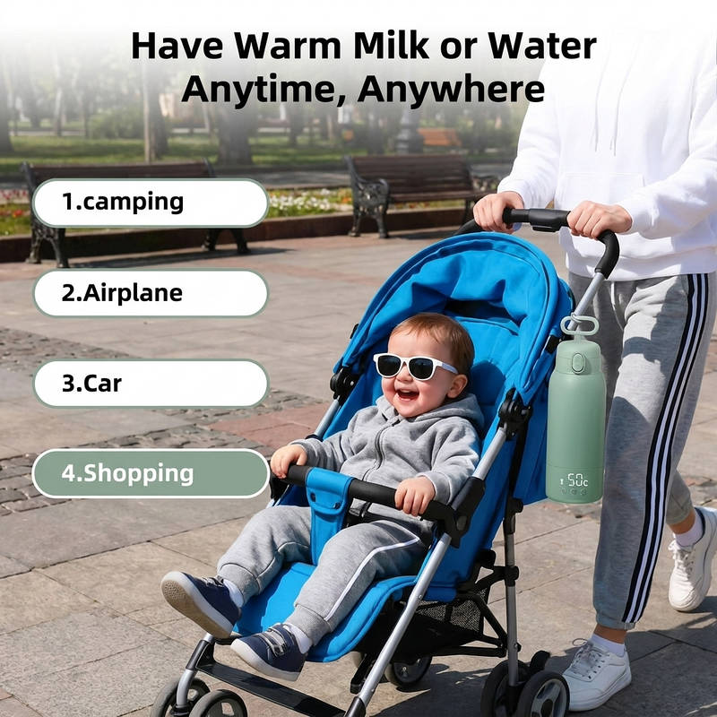 Portable Bottle Warmer 17oz 100W Fast Heating, Rechargeable Baby Bottle Warmer with Temp Control LED Display Stainless Steel Travel