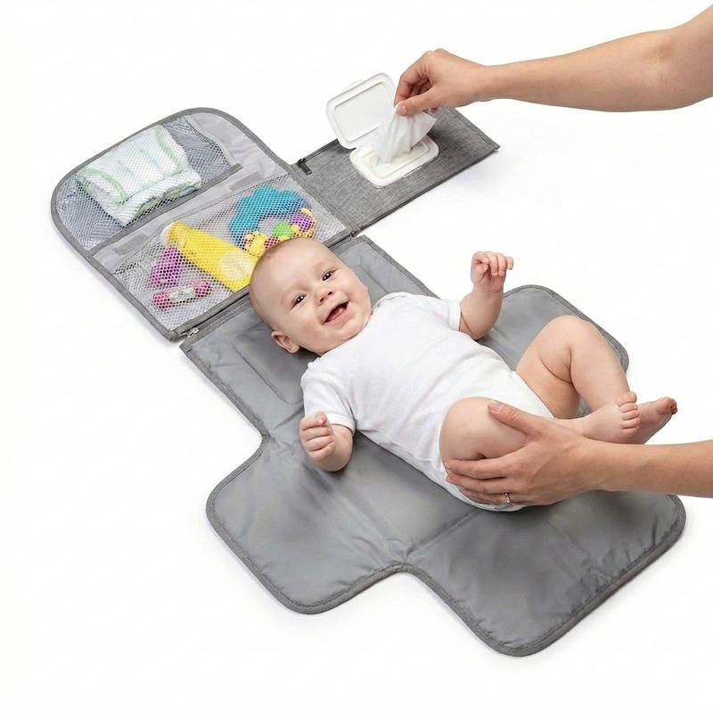 Portable Diaper Changing Pad with Wipes Pocket, Baby Travel Changing Mat Bag Infant Station Kit Grey