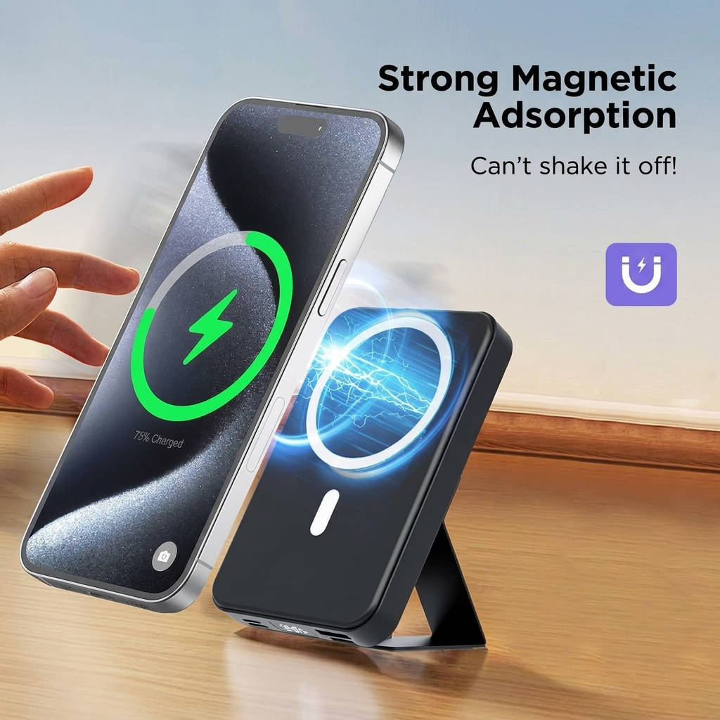 Magnetic Power Bank 10000mAh, Wireless Portable Charger with USB C Cable, LED Display and Foldable Stand for iPhone 17/16/15/14/13/12 Series