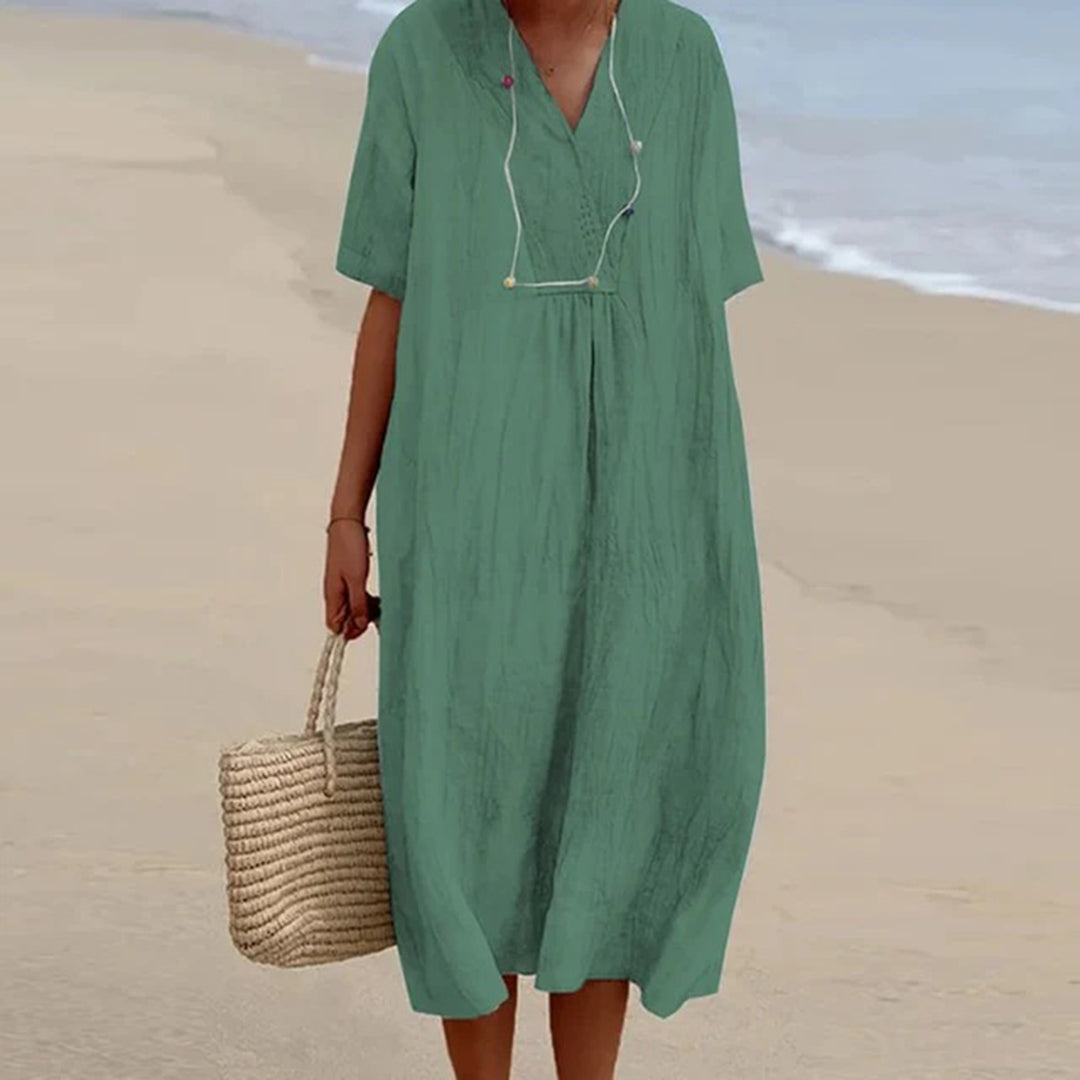 Linen Blend Midi Dress with V-Neck and Loose Fit, Machine Washable