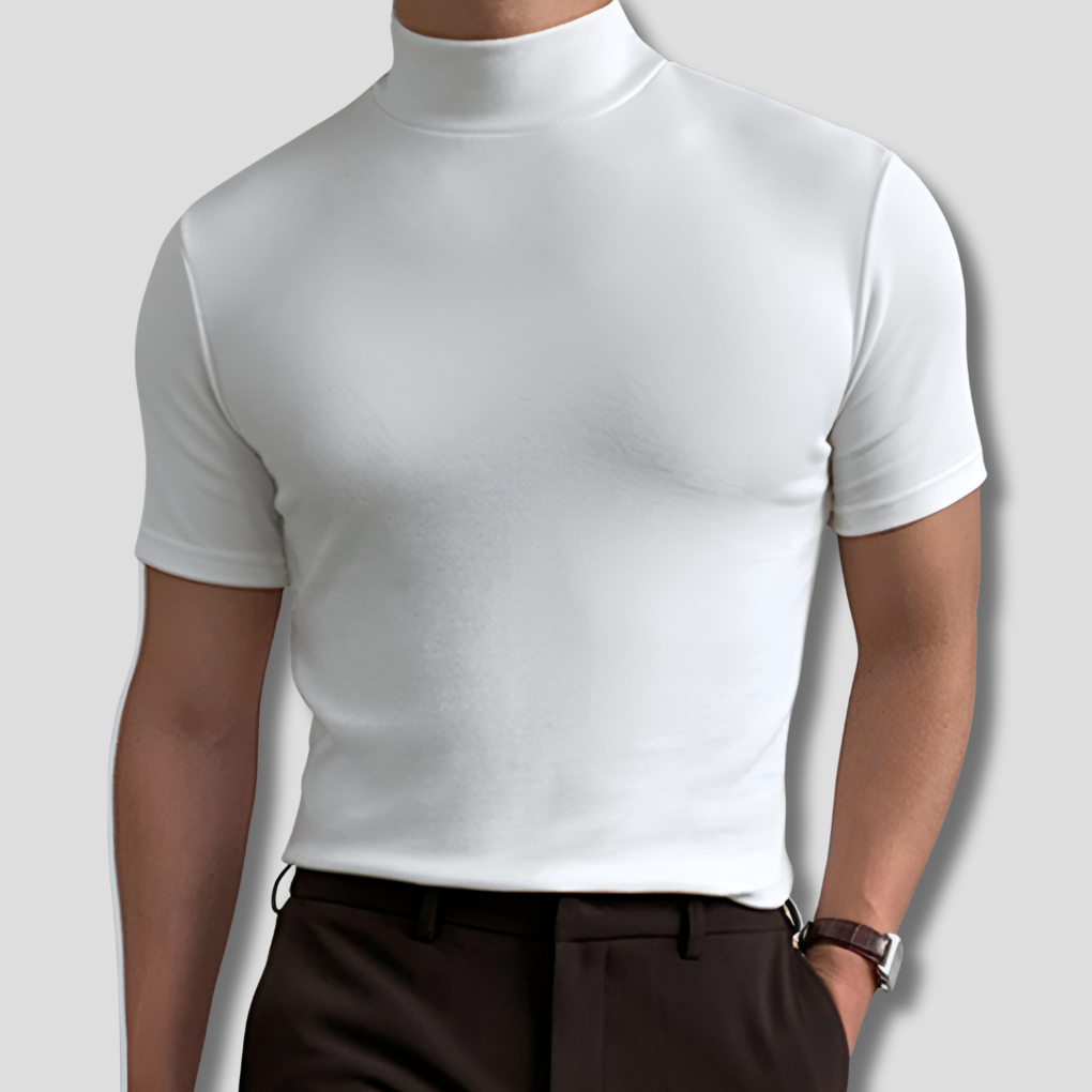 Mens Short Sleeve Turtleneck Shirt with Twill Fabric and Pullover Design