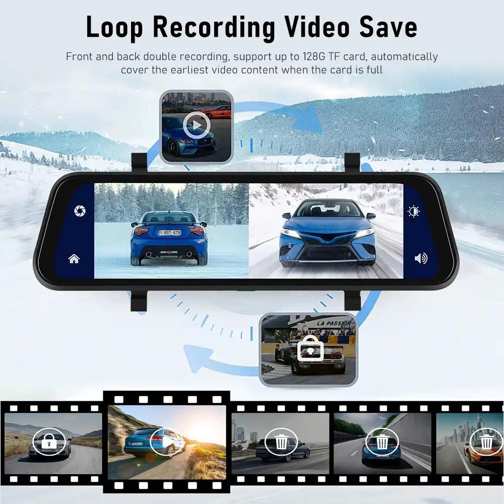 Mirror Dash Cam with Dual HD Recording and GPS Tracking, 9.66in Touchscreen