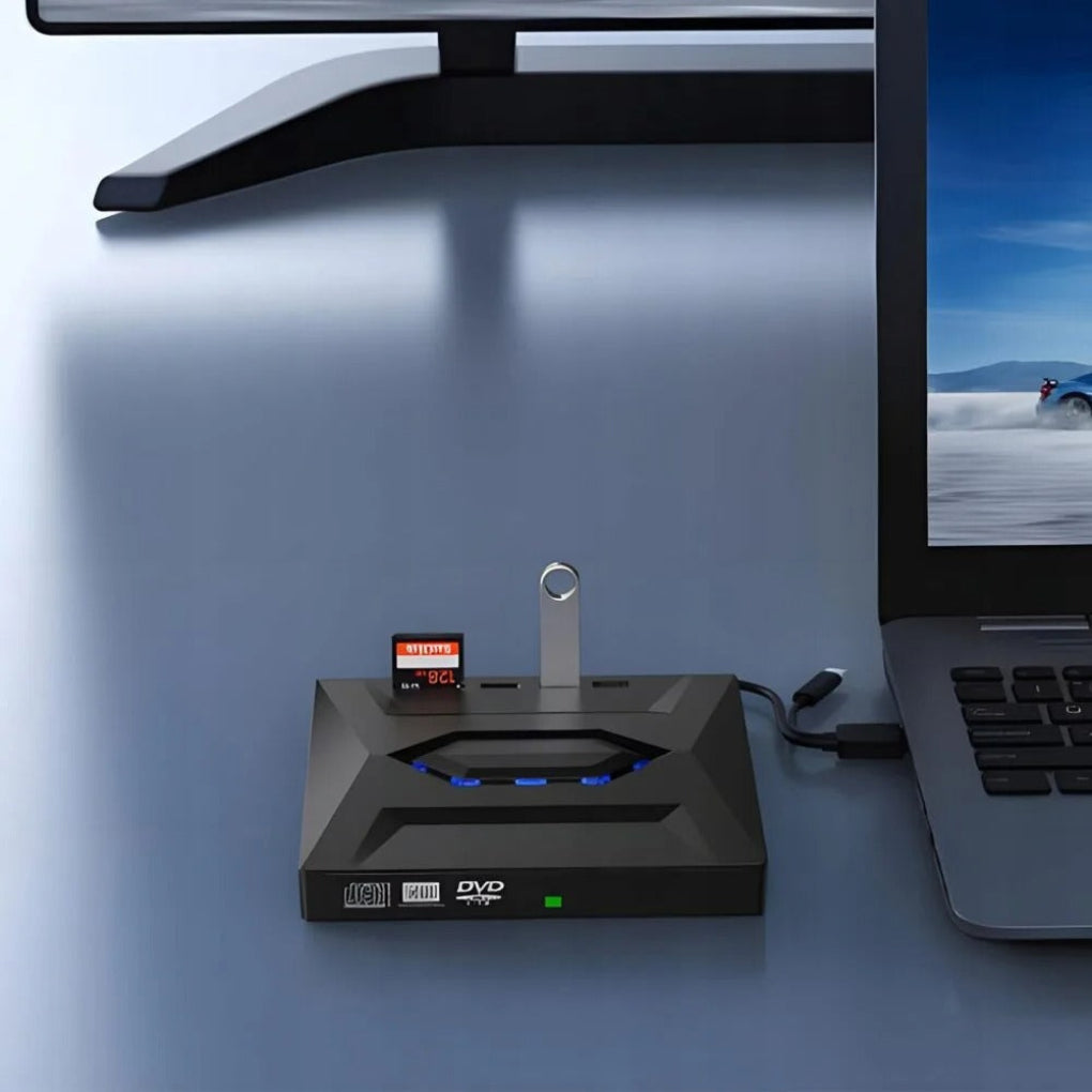 External DVD Drive with Memory Card Slot and Dual Port Connectivity, Plug and Play