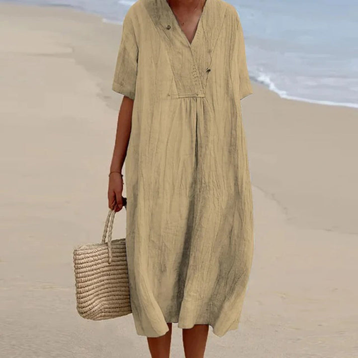 Linen Blend Midi Dress with V-Neck and Loose Fit, Machine Washable