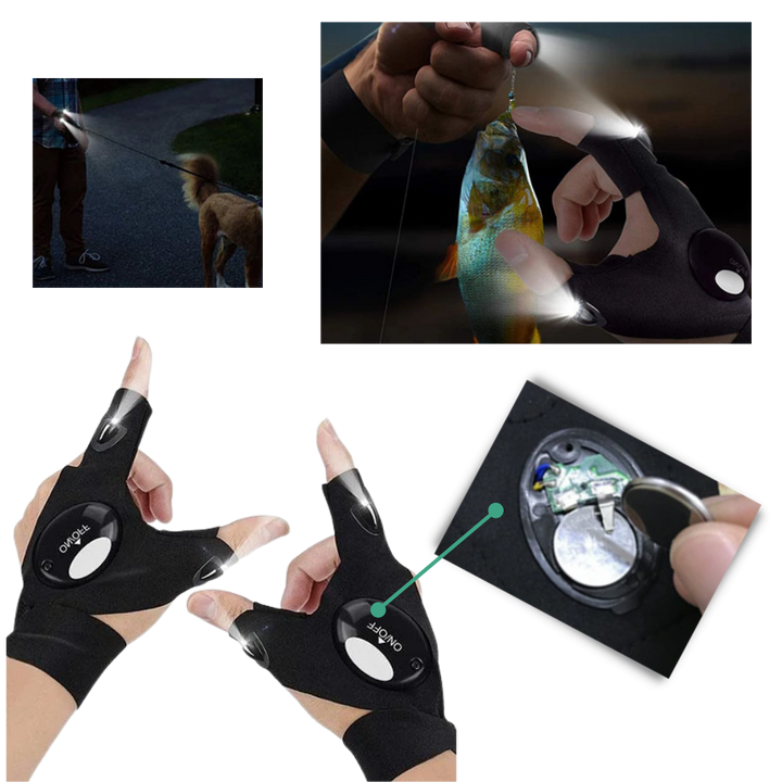 LED Work Gloves with Dual Finger Lights and Water Resistant Fabric