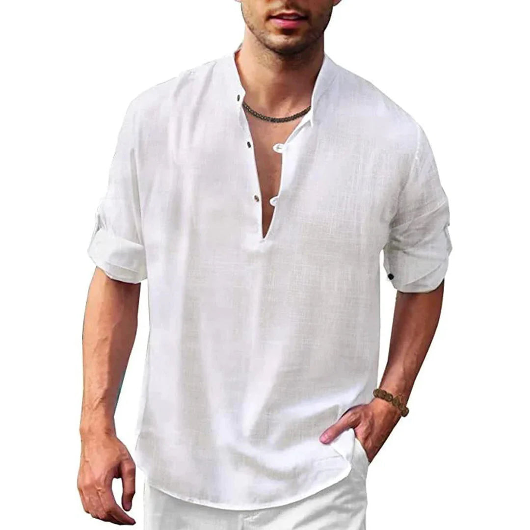 Linen Cotton Blend Shirt with Open Stitch Closure and Regular Fit