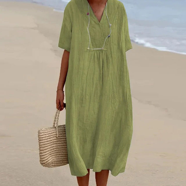 Linen Blend Midi Dress with V-Neck and Loose Fit, Machine Washable