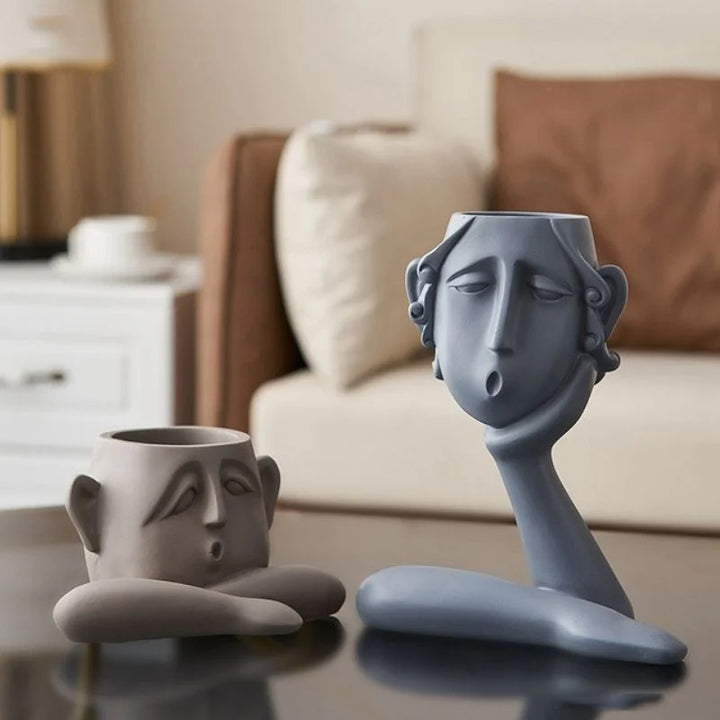 Ceramic Face Vase Set with Textured Matte Finish and Wide Openings for Shelves