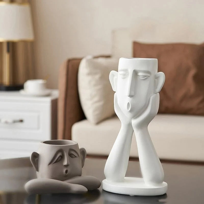 Ceramic Face Vase Set with Textured Matte Finish and Wide Openings for Shelves