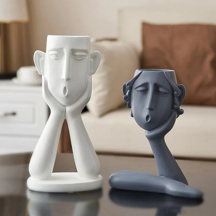 Ceramic Face Vase Set with Textured Matte Finish and Wide Openings for Shelves