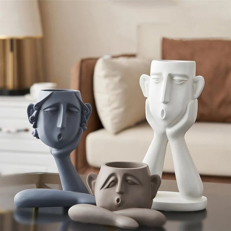 Ceramic Face Vase Set with Textured Matte Finish and Wide Openings for Shelves