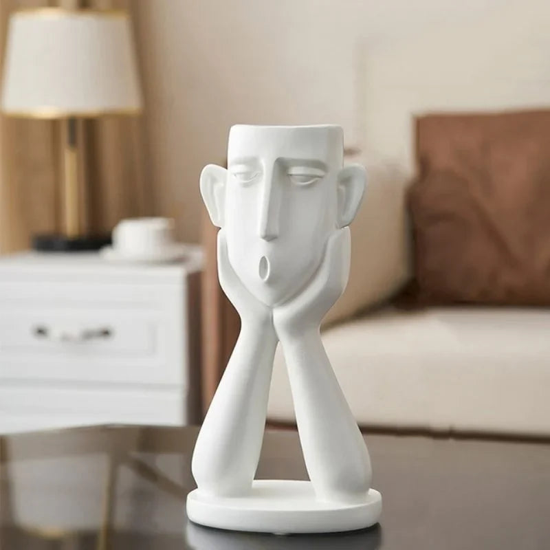 Ceramic Face Vase Set with Textured Matte Finish and Wide Openings for Shelves