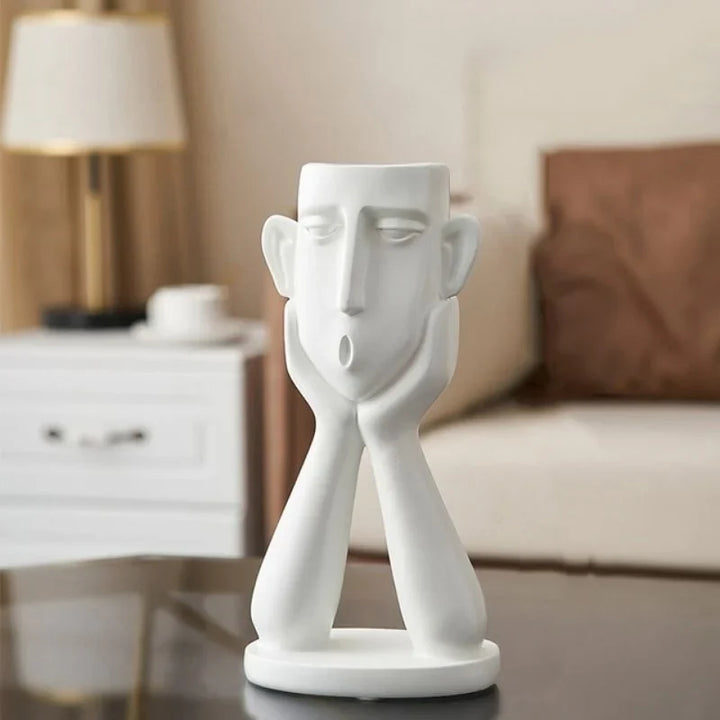 Ceramic Face Vase Set with Textured Matte Finish and Wide Openings for Shelves