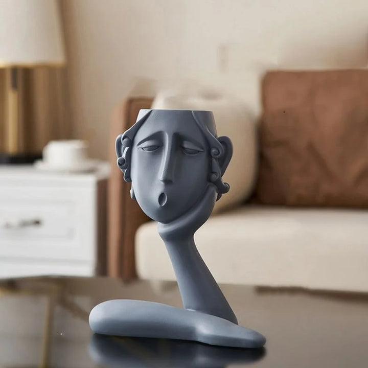 Ceramic Face Vase Set with Textured Matte Finish and Wide Openings for Shelves