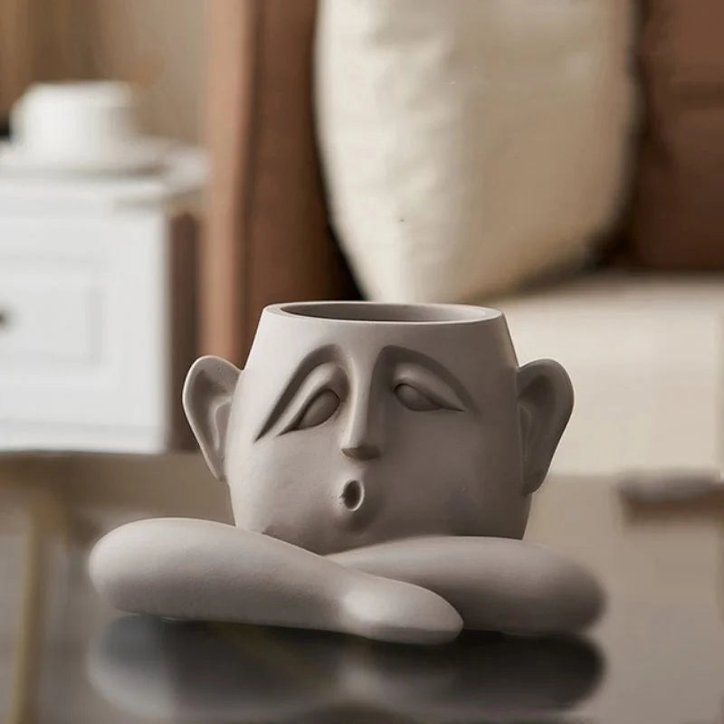 Ceramic Face Vase Set with Textured Matte Finish and Wide Openings for Shelves