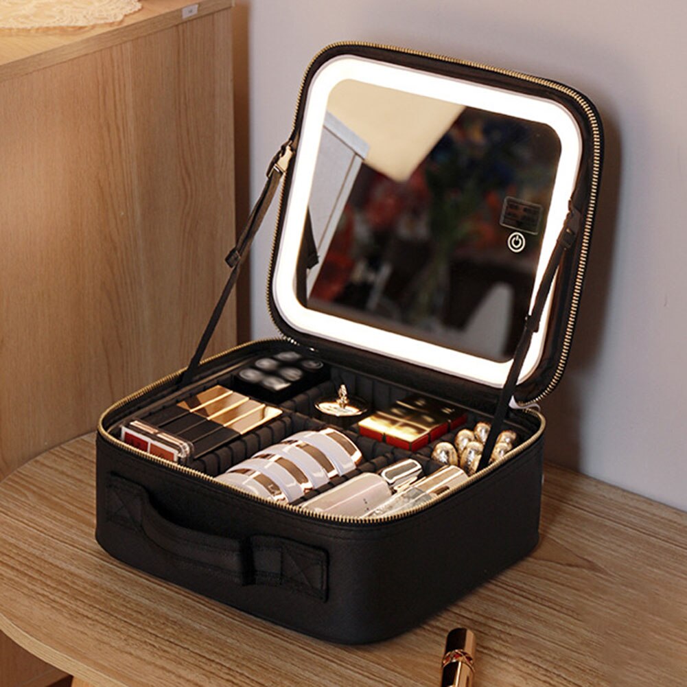 Makeup Organizer Case with Adjustable LED Mirror and Three Lighting Modes