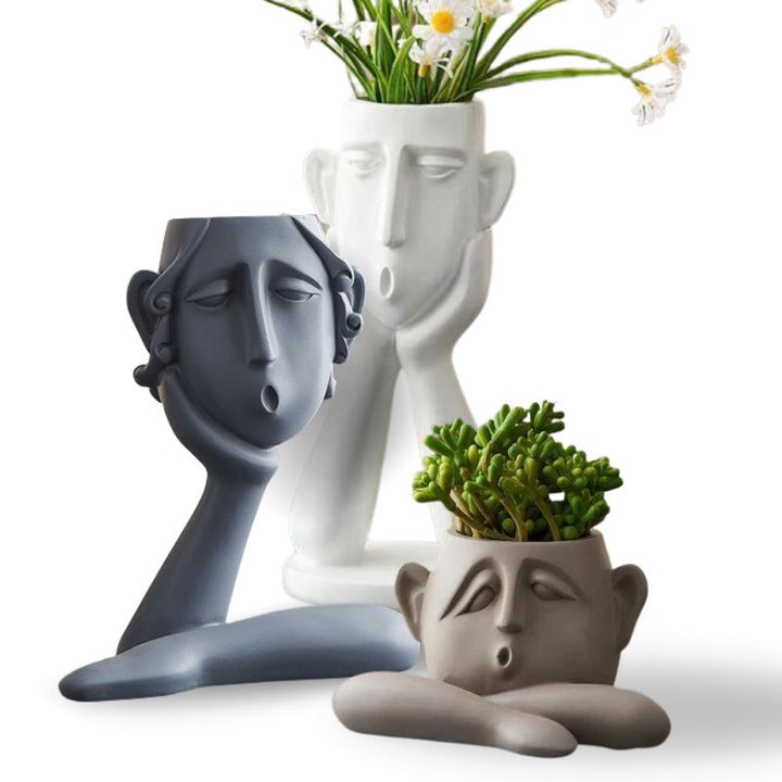Ceramic Face Vase Set with Textured Matte Finish and Wide Openings for Shelves