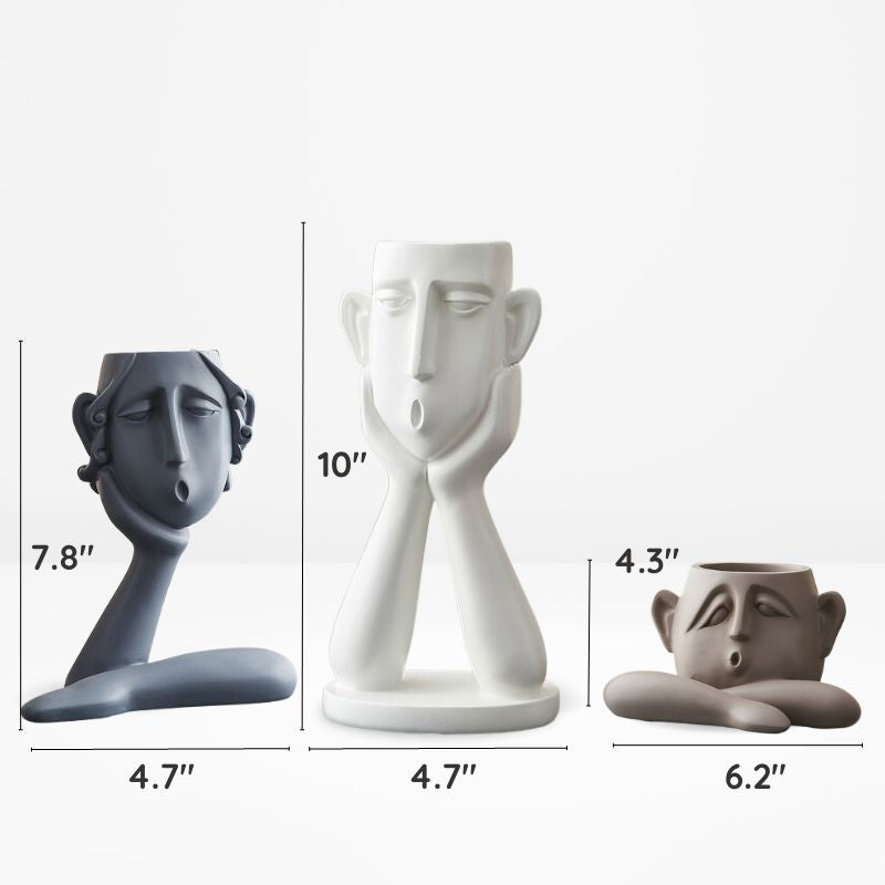 Ceramic Face Vase Set with Textured Matte Finish and Wide Openings for Shelves