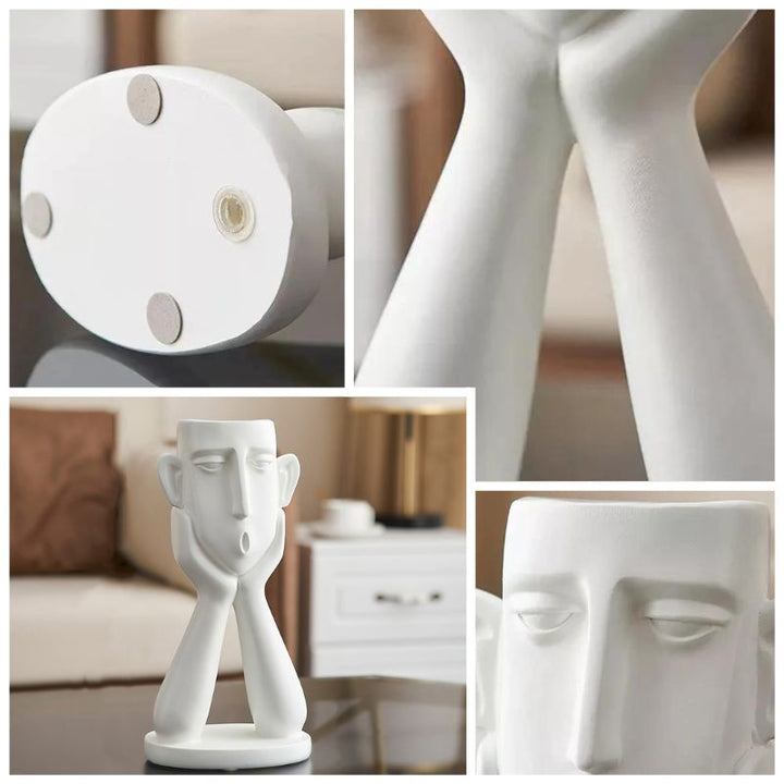 Ceramic Face Vase Set with Textured Matte Finish and Wide Openings for Shelves