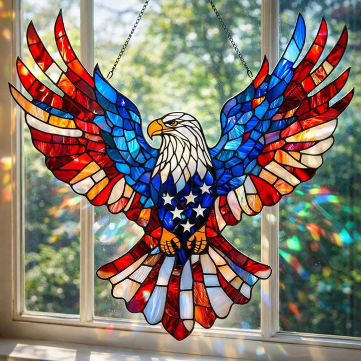 Eagle Stained Glass Suncatcher with Metal Hanging Chain and Red White Blue colours