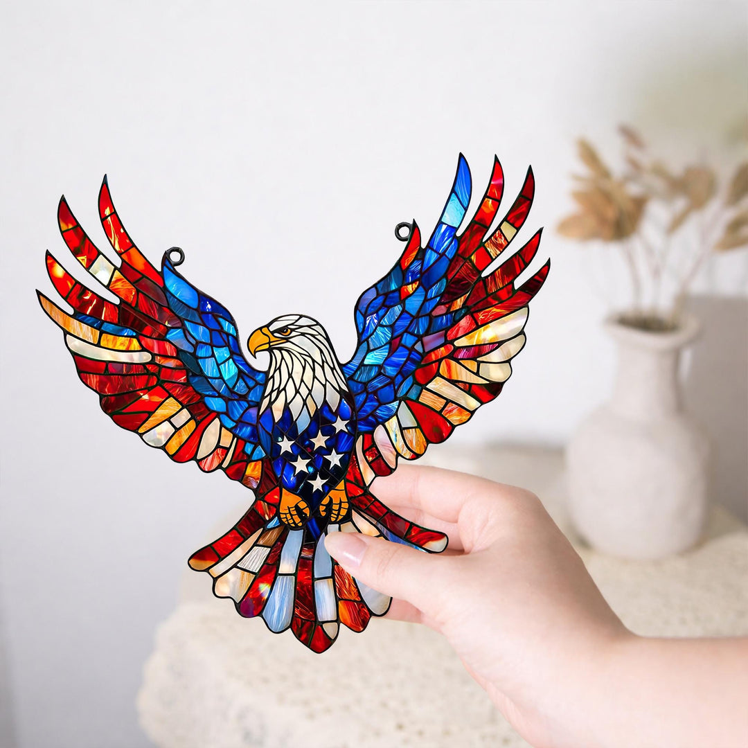 Eagle Stained Glass Suncatcher with Metal Hanging Chain and Red White Blue colours