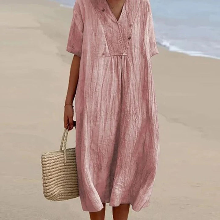 Linen Blend Midi Dress with V-Neck and Loose Fit, Machine Washable
