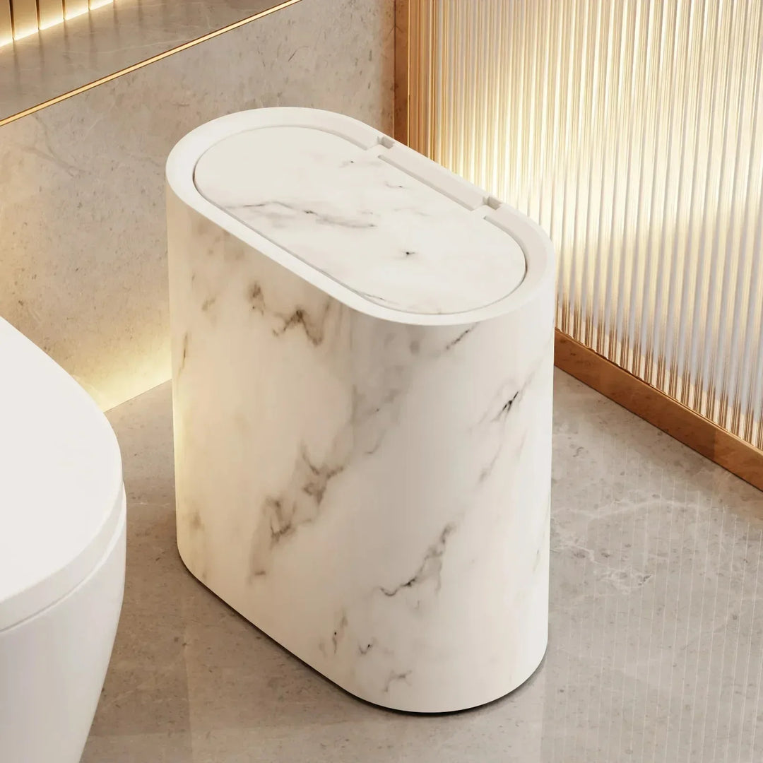 Elliptical Push Top Trash Can with Marble Texture Finish for Bathrooms