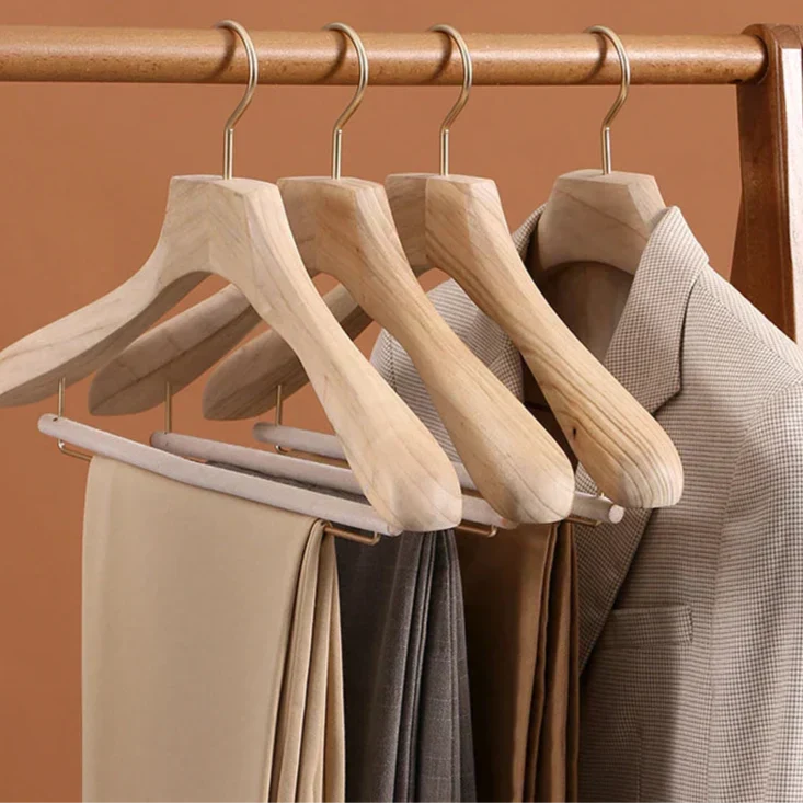 Wide Shoulder Wooden Hangers with Camphor Wood and Flocked Rod, Set of 2