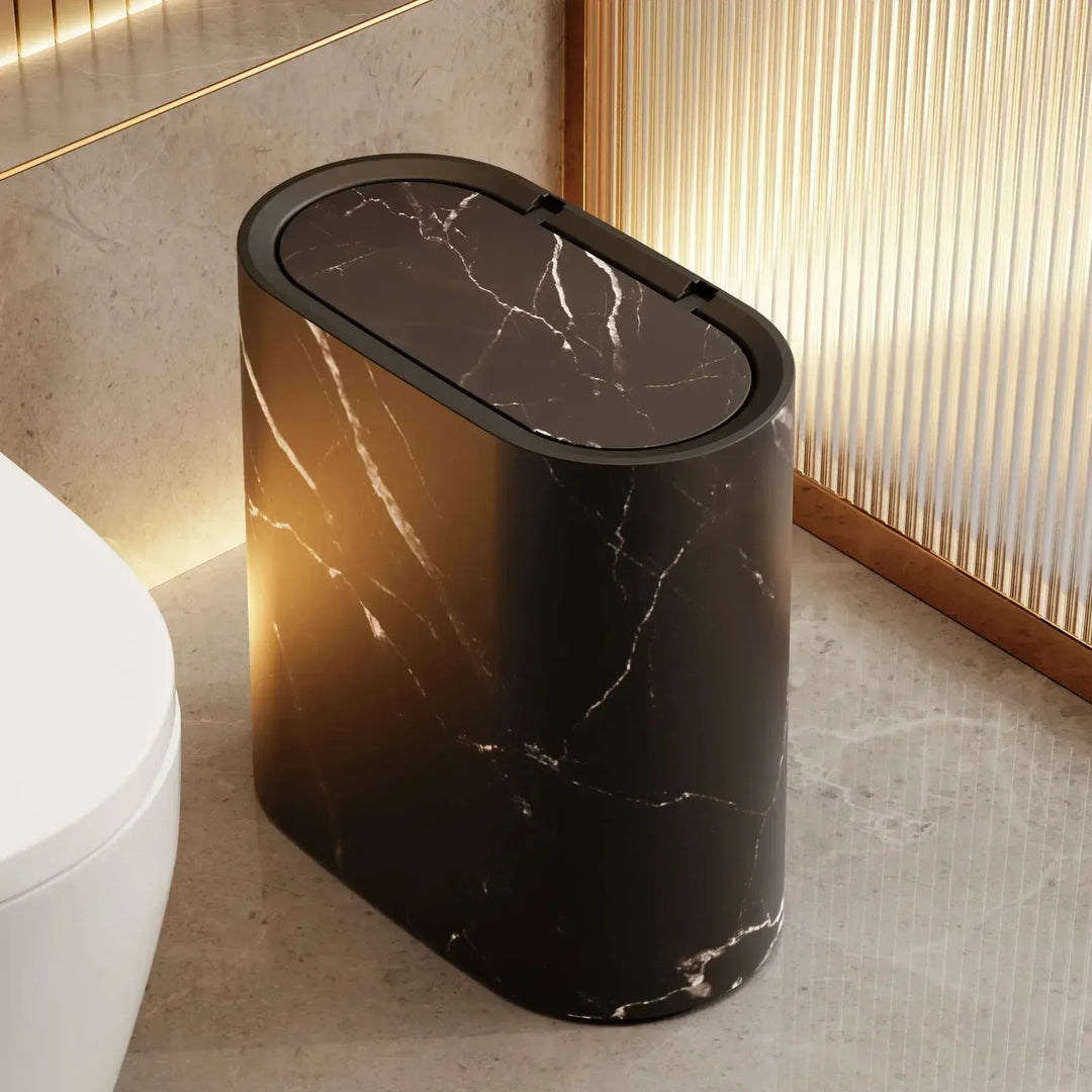 Elliptical Push Top Trash Can with Marble Texture Finish for Bathrooms