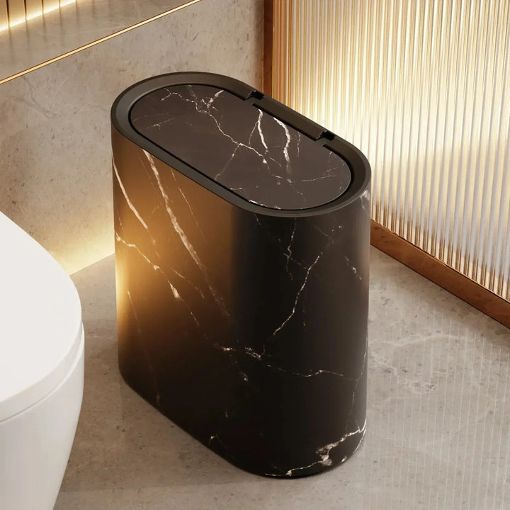 Elliptical Push Top Trash Can with Marble Texture Finish for Bathrooms