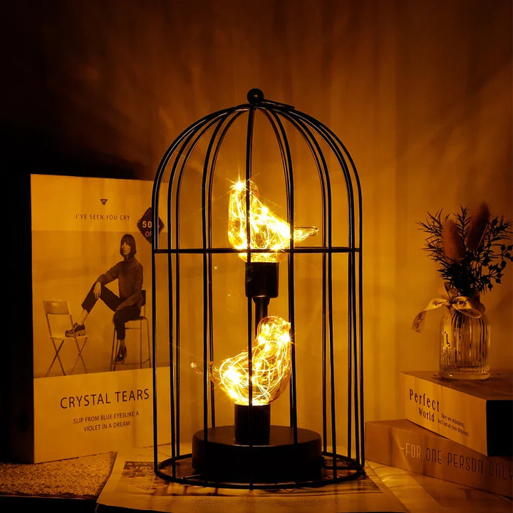 Warm White Fairy Light Table Lamp with Vintage Birdcage Frame and Bird Accent