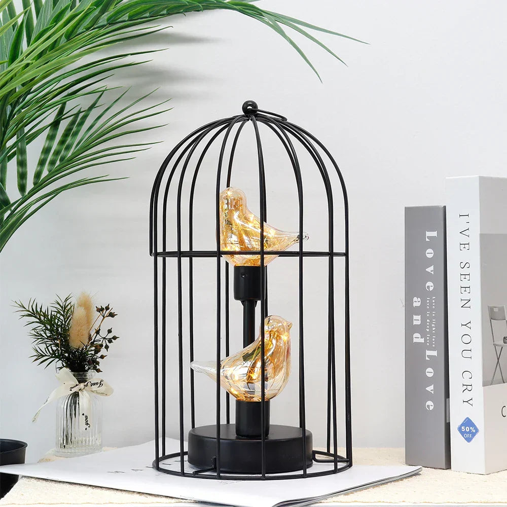 Warm White Fairy Light Table Lamp with Vintage Birdcage Frame and Bird Accent