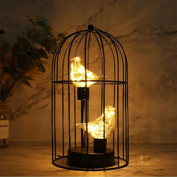 Warm White Fairy Light Table Lamp with Vintage Birdcage Frame and Bird Accent