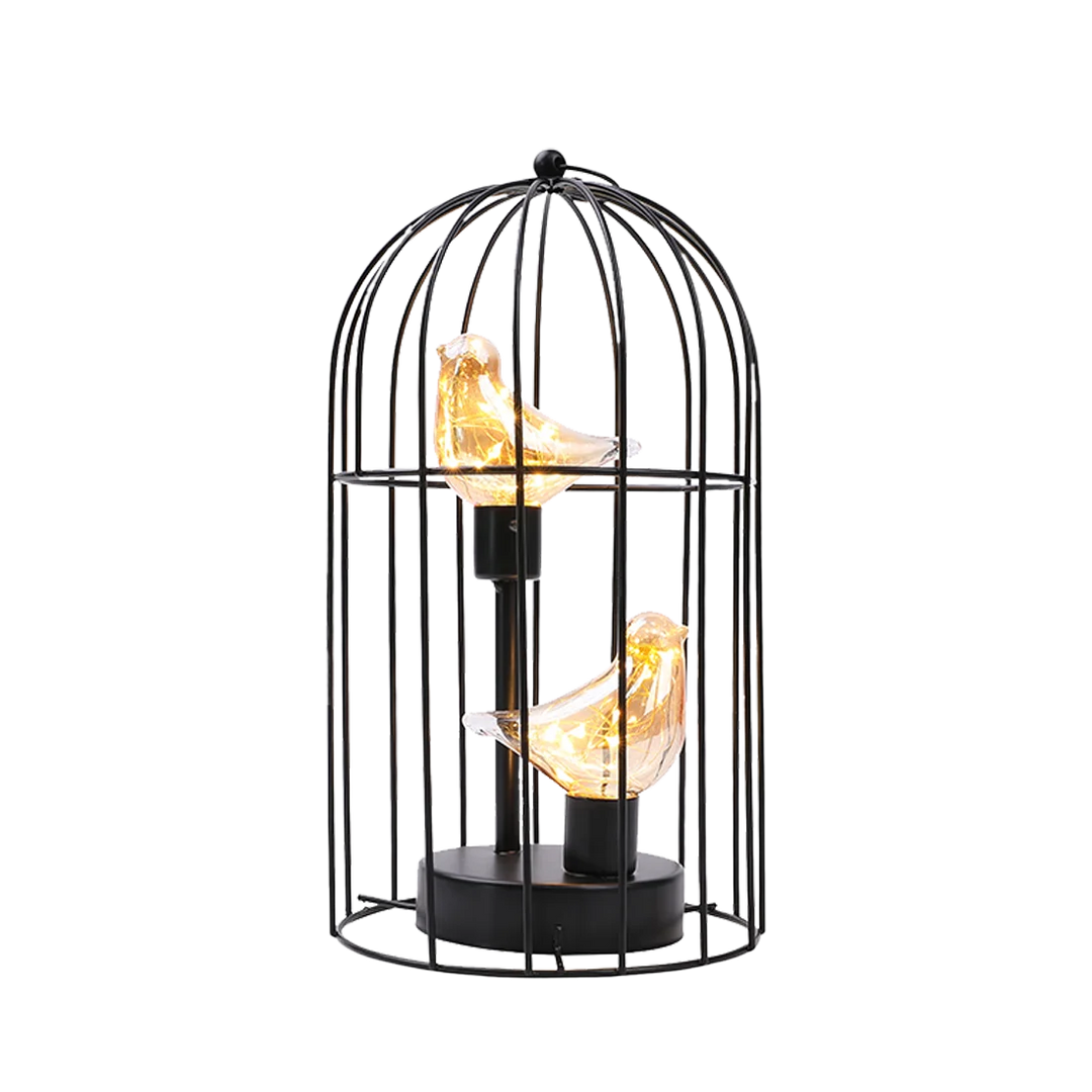 Warm White Fairy Light Table Lamp with Vintage Birdcage Frame and Bird Accent