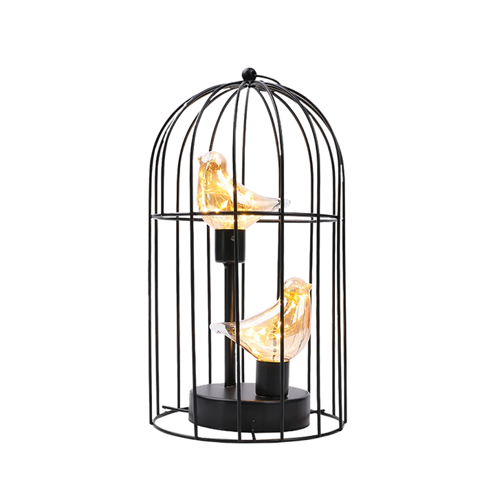 Warm White Fairy Light Table Lamp with Vintage Birdcage Frame and Bird Accent