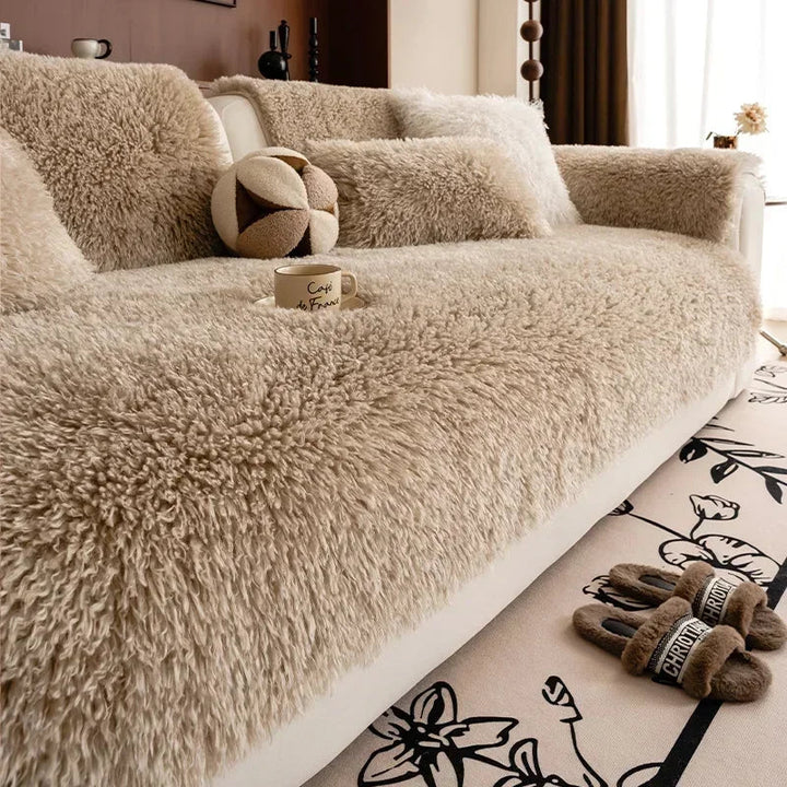 Stretchable Faux Lambswool Sofa Cover with Machine Washable Fabric and Pet Protection