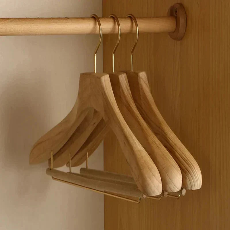 Wide Shoulder Wooden Hangers with Camphor Wood and Flocked Rod, Set of 2