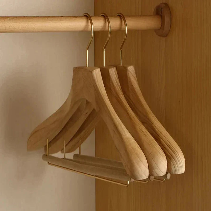 Wide Shoulder Wooden Hangers with Camphor Wood and Flocked Rod, Set of 2
