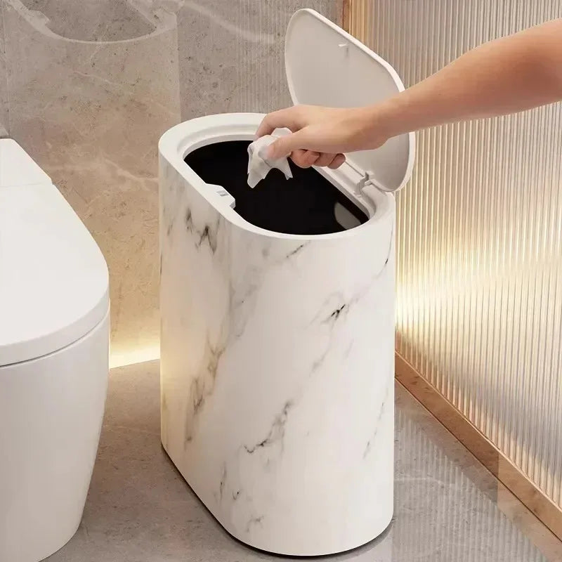Elliptical Push Top Trash Can with Marble Texture Finish for Bathrooms